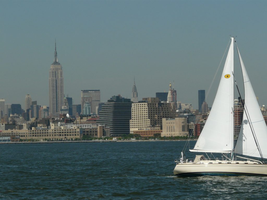 Sailboat cruising up the Hudson River